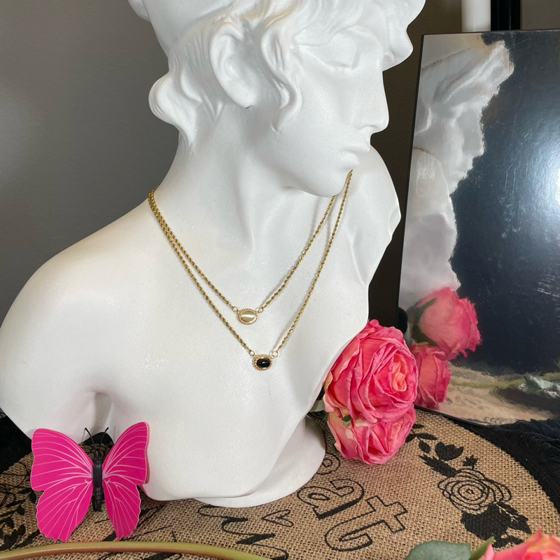 Dragon Lair Jewelry kalung rantai double batu giok dan batu mata kucing
