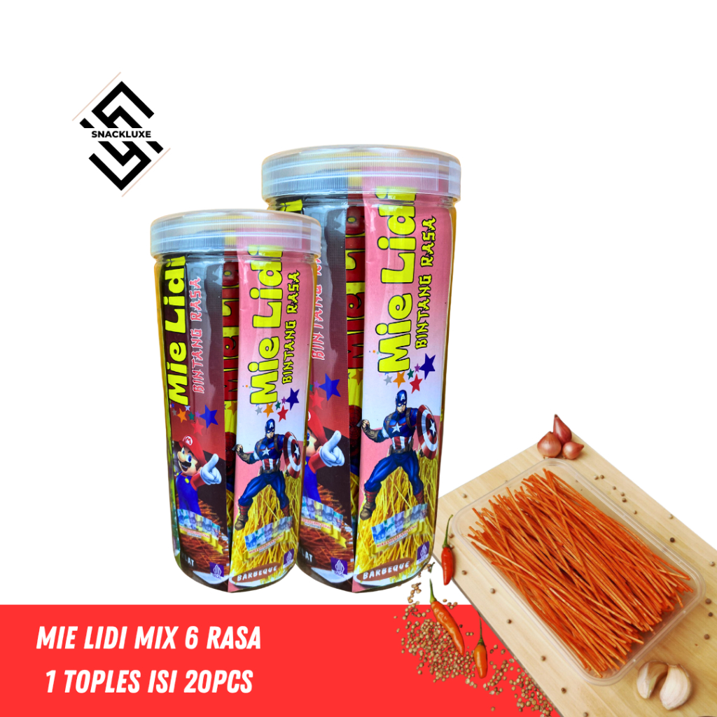 

Mie Lidi Karakter 6 Varian Rasa Kemasan Toples Isi 20Pcs Mie Lidi 300gr - Makanan Ringan (Grosir)