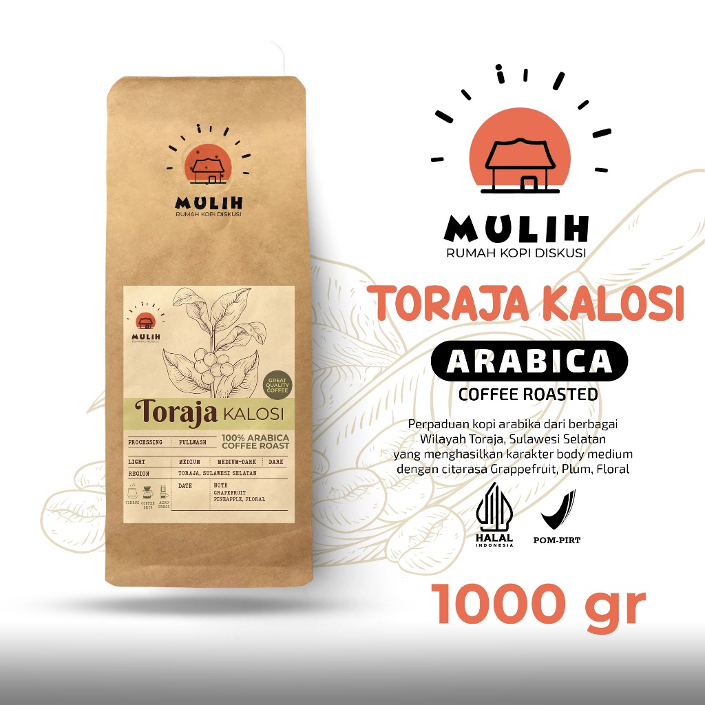 

Kopi Arabika Toraja Kalosi Arabica Coffee Bean Biji Kopi Bubuk Asli 1 Kg by Mulih Kopi