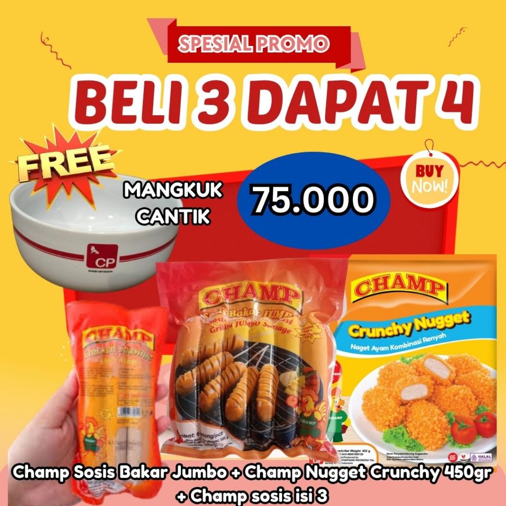 

BELI 3 DAPAT 4 CHAMP SOSIS BKAR JUMBO + CHAMP SOSIS ISI 3 + CHAMP NUGGET CRUNCHY 450GR FREE MANGKUK CANTIK