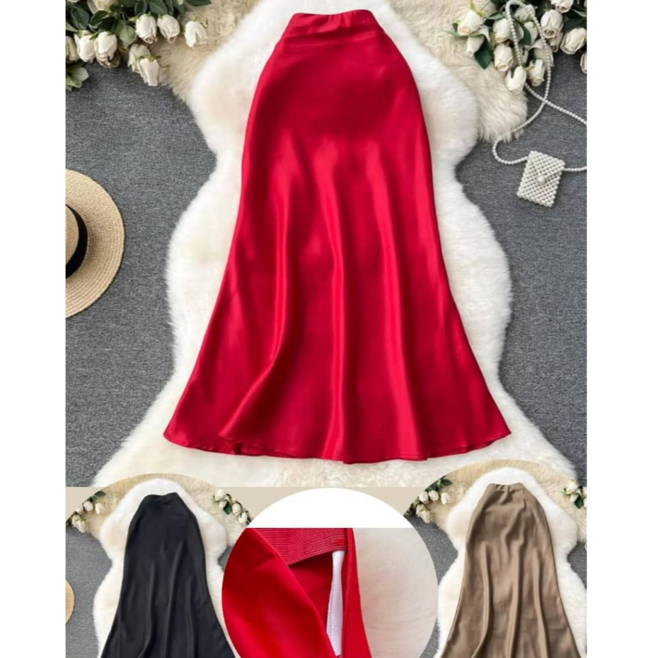 FS ROK 002 - Rok Satin Adem Merah Cabe / Gold / Black Mewah Imlek Panjang Halus Adem Import