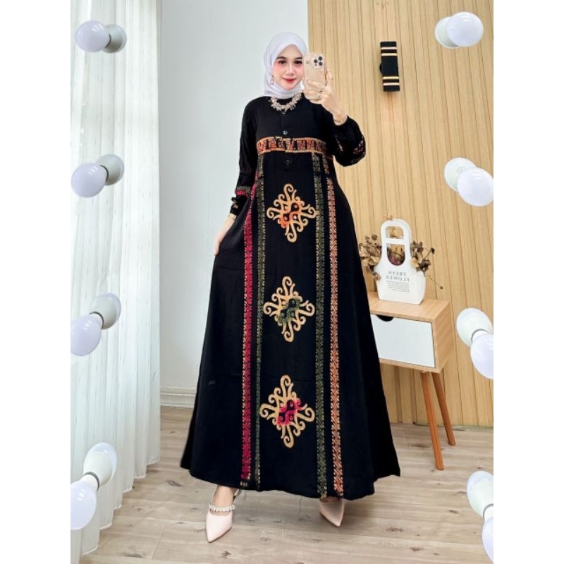 Gamis Dress Rayon Batik Cap Multi Colour Hitam Kombinasi Gamis Motif Baju Wanita Muslimah