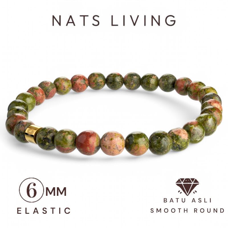 Nats Living - Gelang Batu Alam: Batu Unakite 6mm, Gelang hadir sekarang dan bebas dari masa lalu