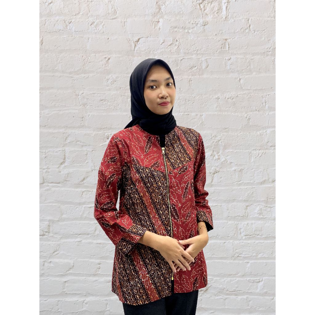 Blouse Batik AZV Atasan Perempuan Lengan Panjang Kemeja Batik Merah