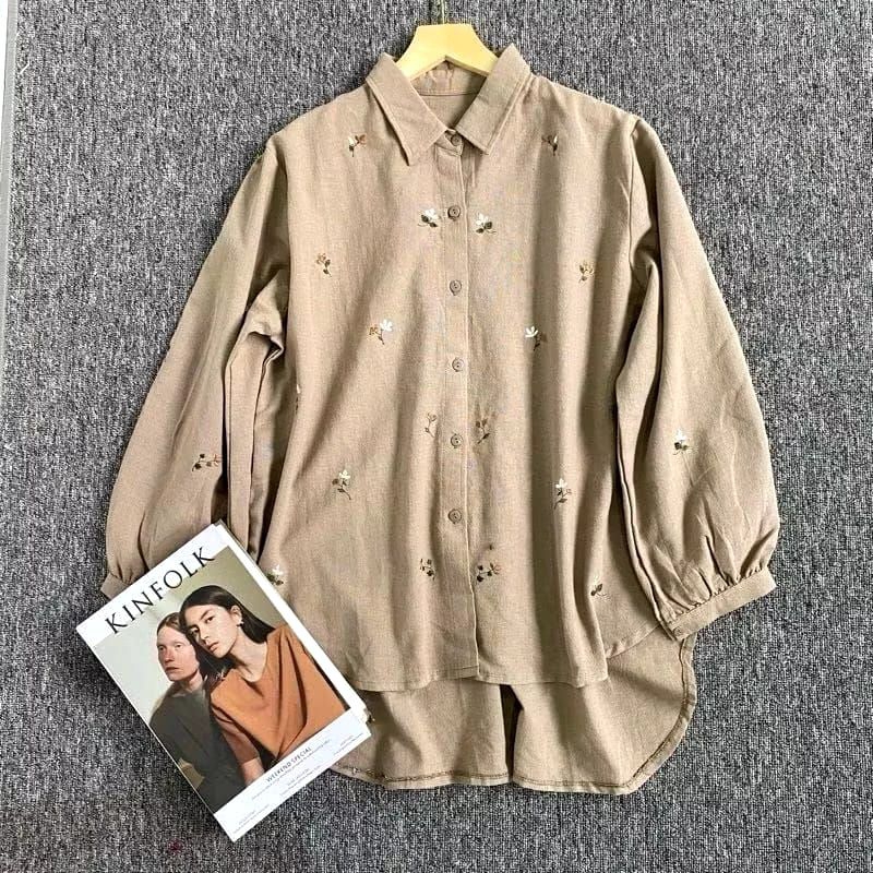 DISKON KEMEJA LAURA MOTIF BORDIR BUNGA-BUNGA / KEMEJA WANITA KEKINIAN / WANITA KOREAN STYLE / MOTIF