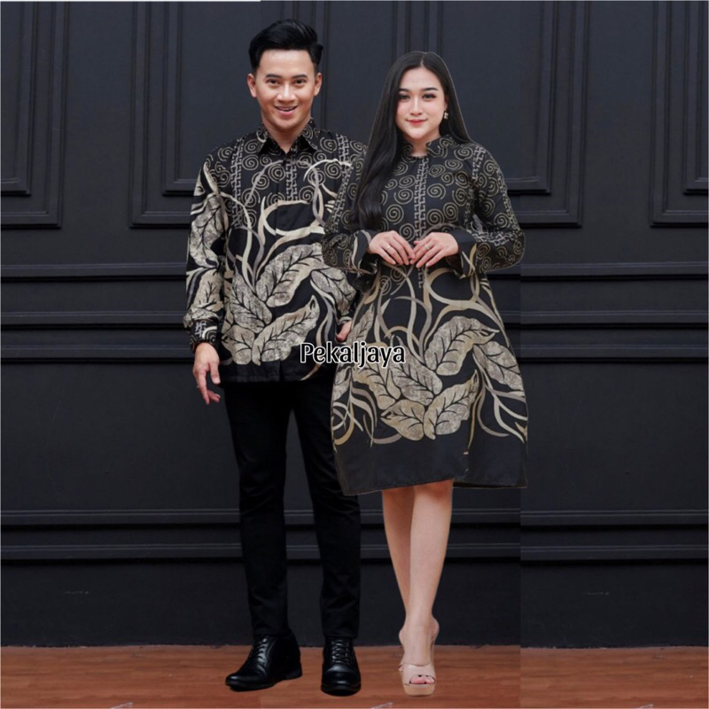 HARGA SEPASANG baju Couple Tunik Batik raffle motif daun hitam