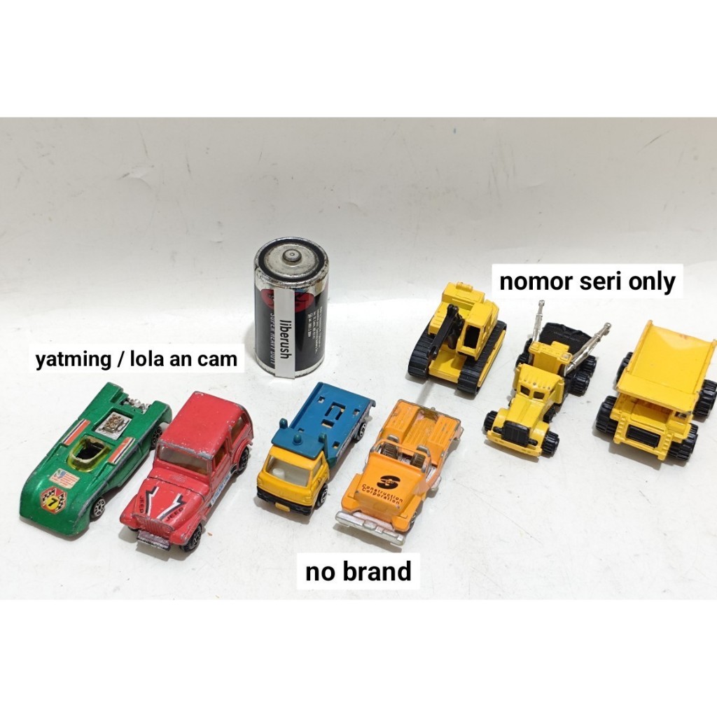 Set diecast vintage yatming lola can am lotus & jeep cj-7 , construction dump truck excavator towing