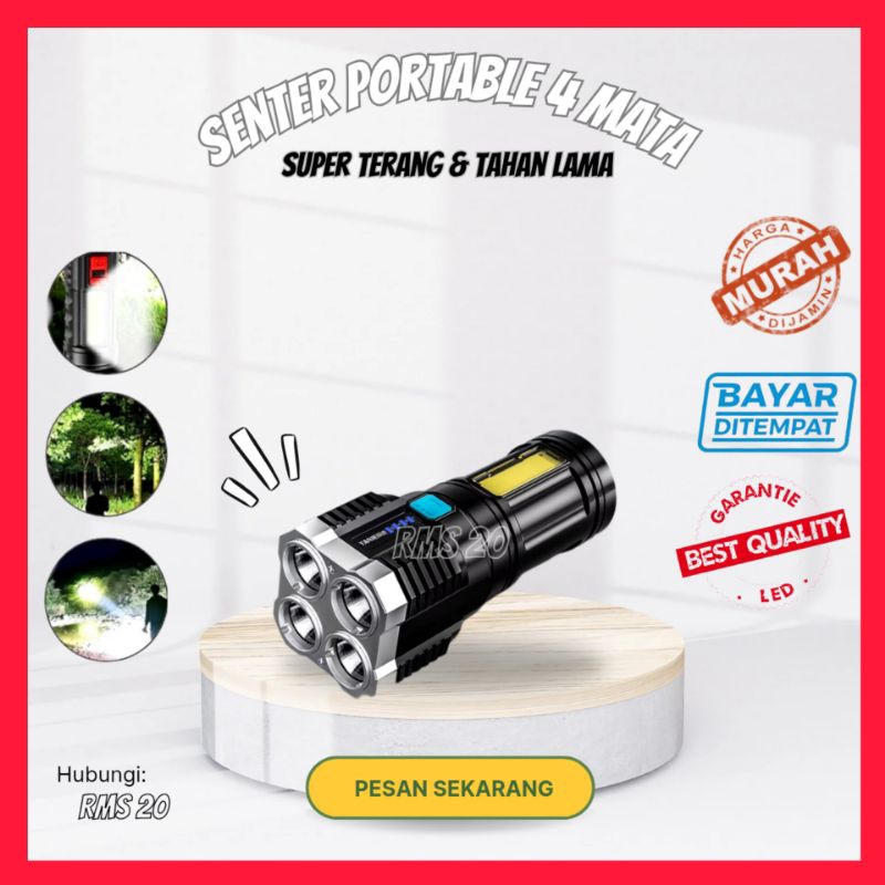 senter cas portable led 4 mata 48w super terang senter cas charger senter led multifungsi lampu sent