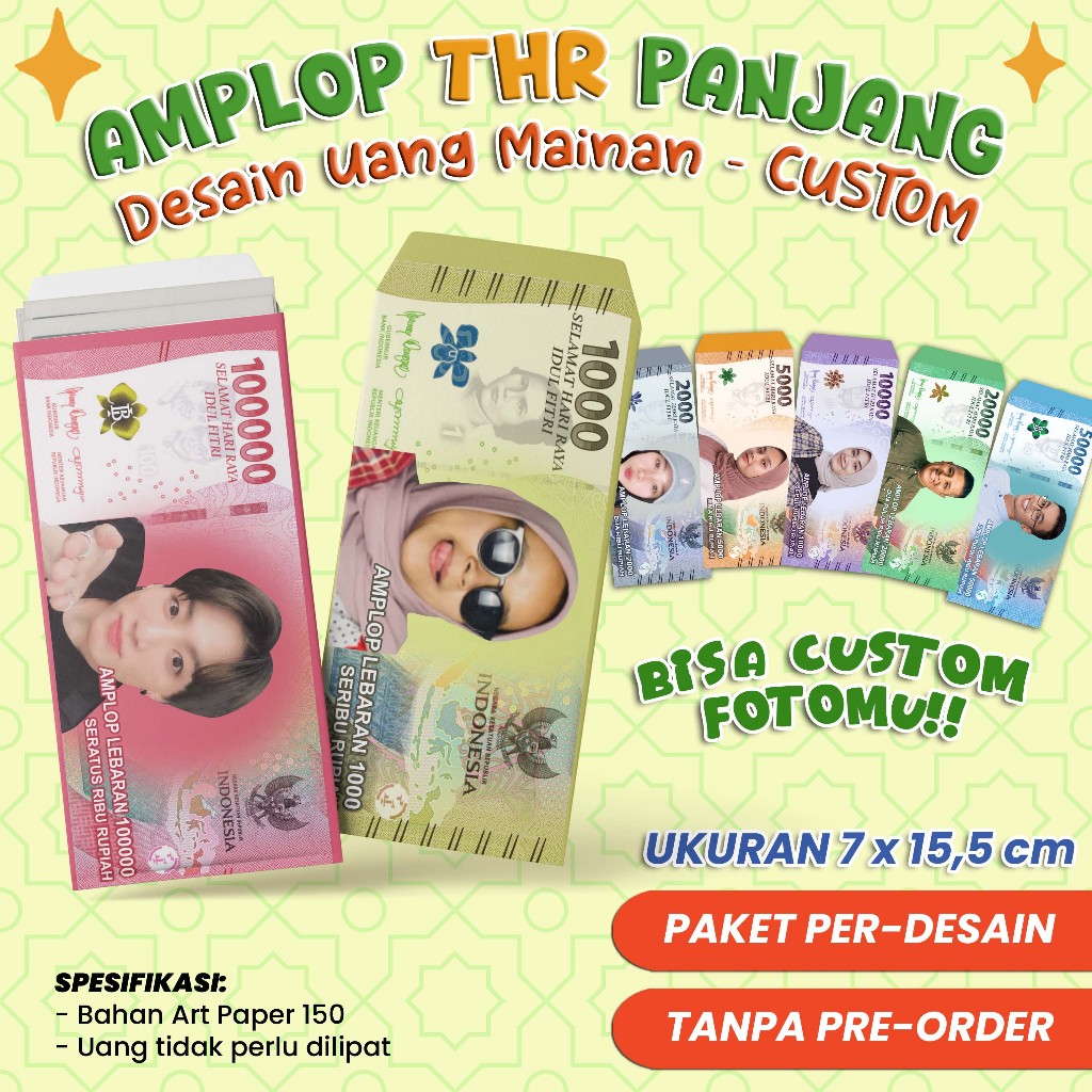 

Custom Amplop Lebaran / Amplop THR Panjang Model Uang Mainan CUSTOM FOTO - 1 Paket 8pcs