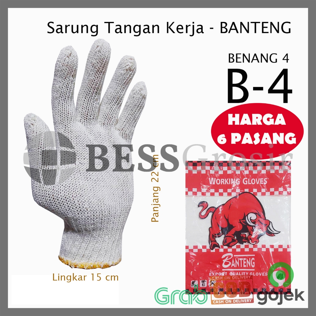 [6/12 Pasang] Sarung Tangan Kerja Benang 4 BANTENG Rajut Safety Gloves Putih W873 B4