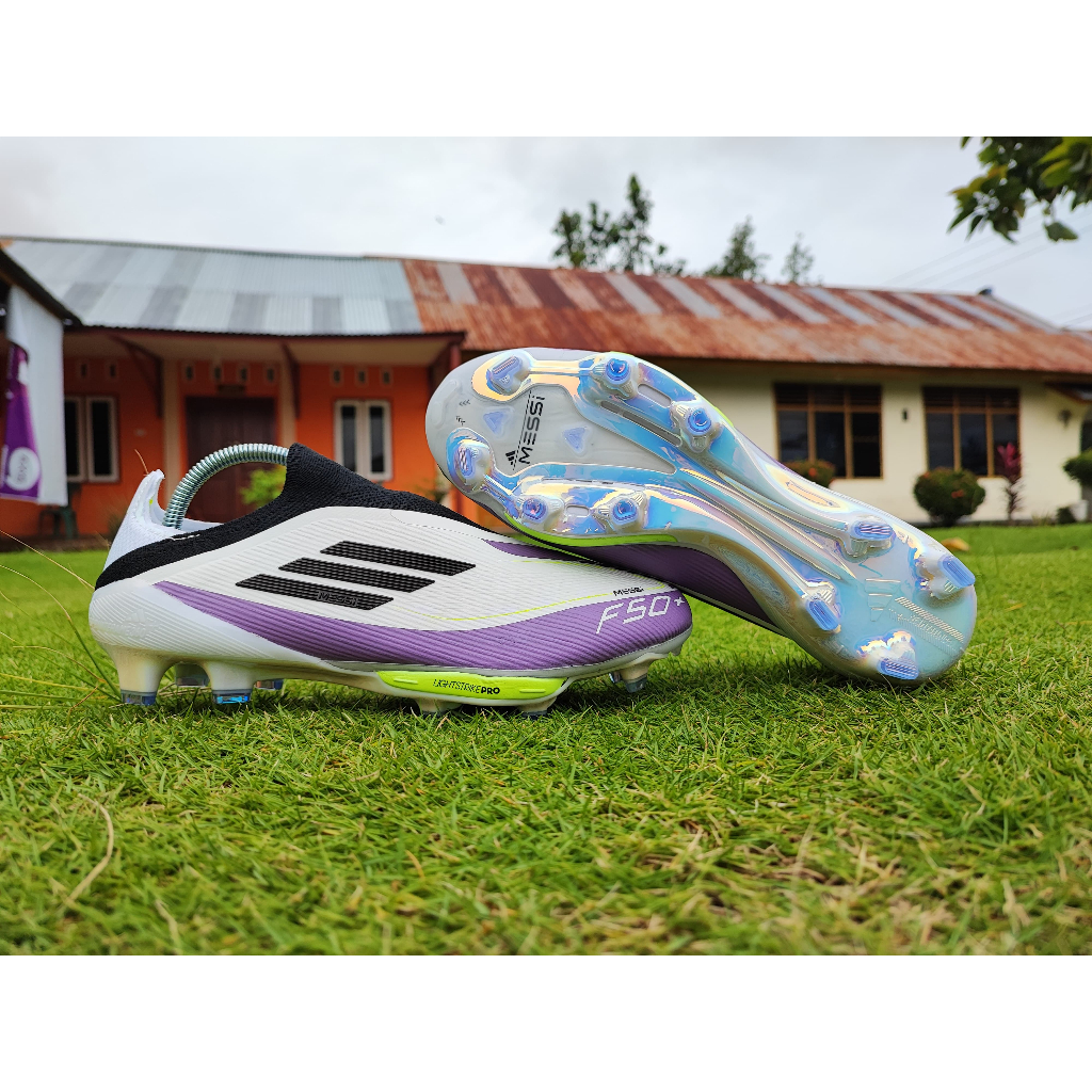 Sepatu Bola Adidas F50+ laceless tanpa tali Messi FG Ftwr White Core Black Unity Purple