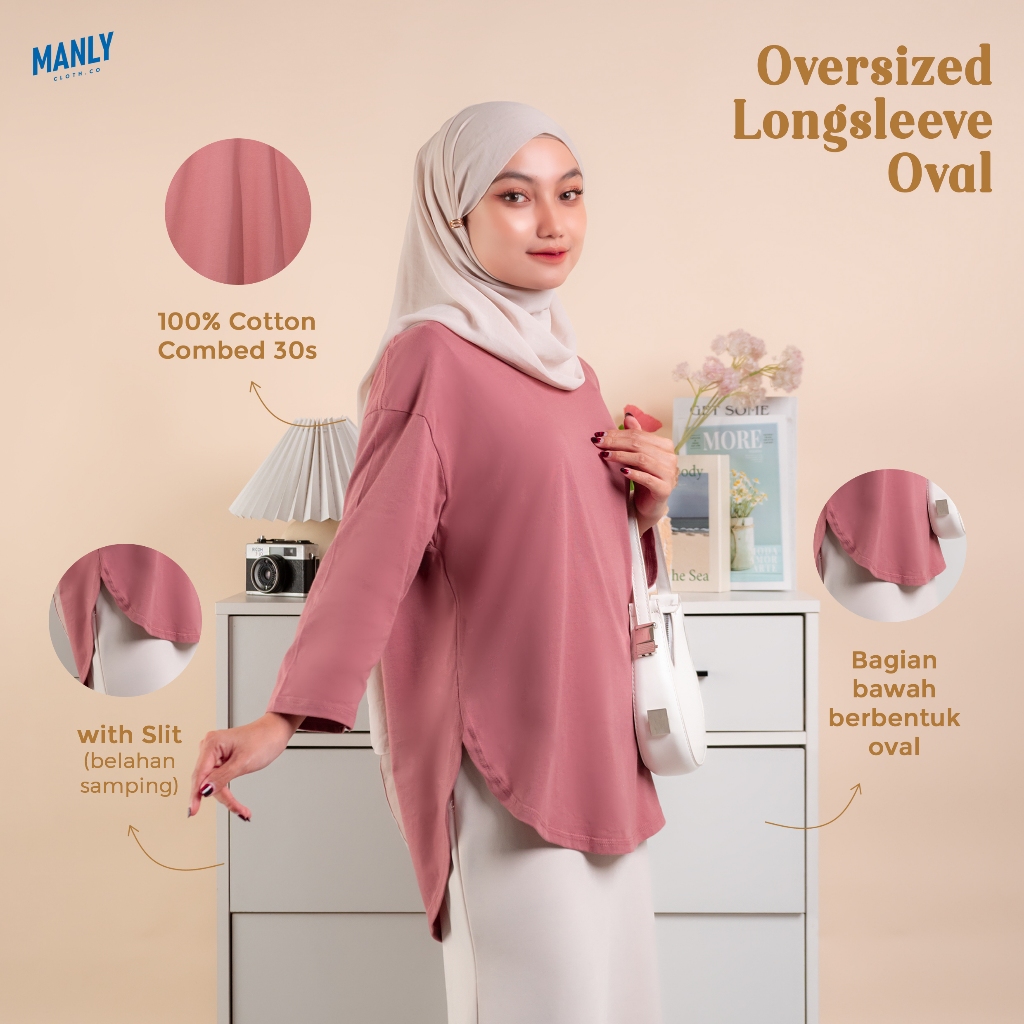 Kaos Oversize Wanita Slit Lengan 7/8 Hijab Friendly Potongan Oval