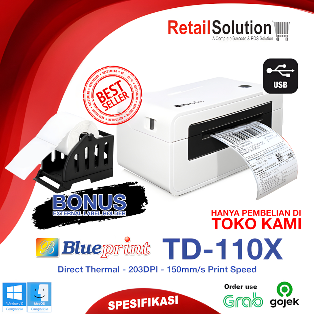 Printer Barcode Label Thermal USB - Blueprint TD110X / TD-110X