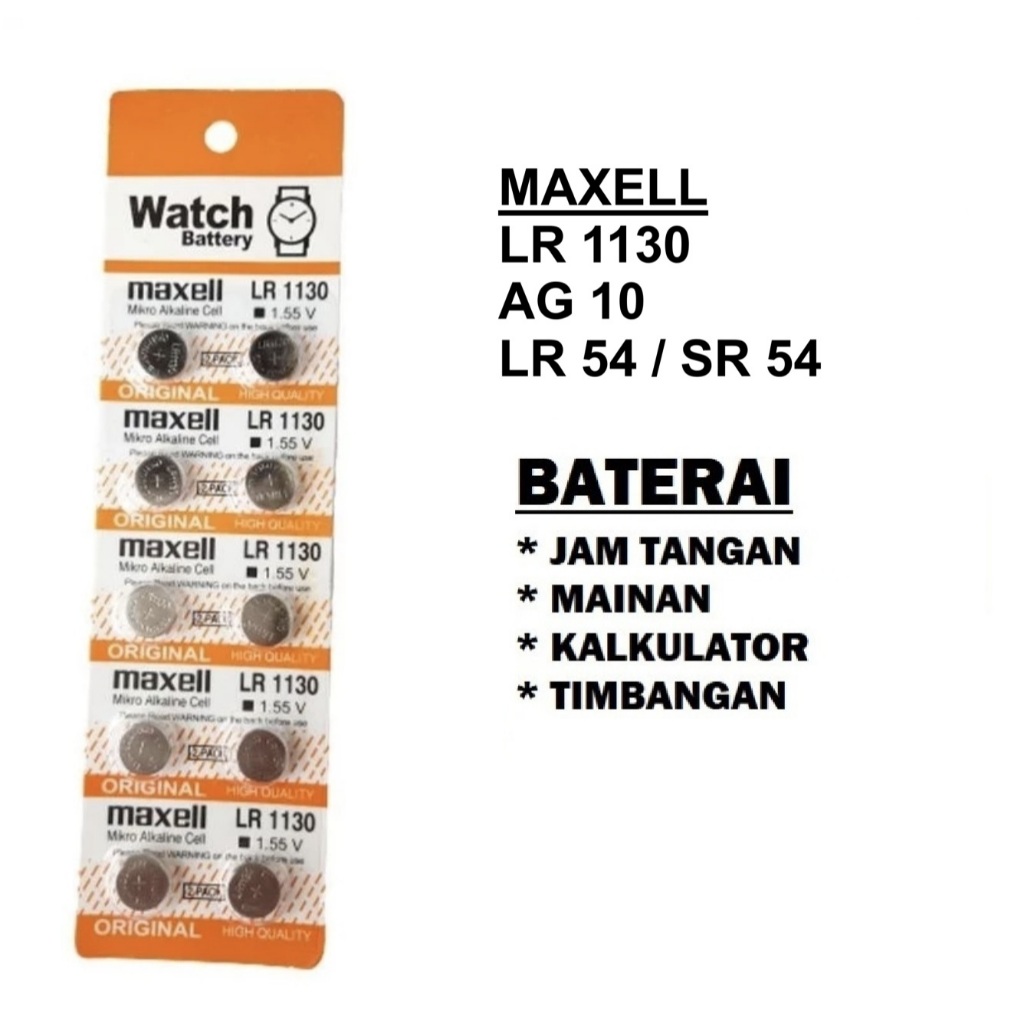 Baterai Kancing MAXELL batre Watch Battery LR1130 Button Cell 1,55 V Pengganti LR 1130 AG10 LR54 SR5