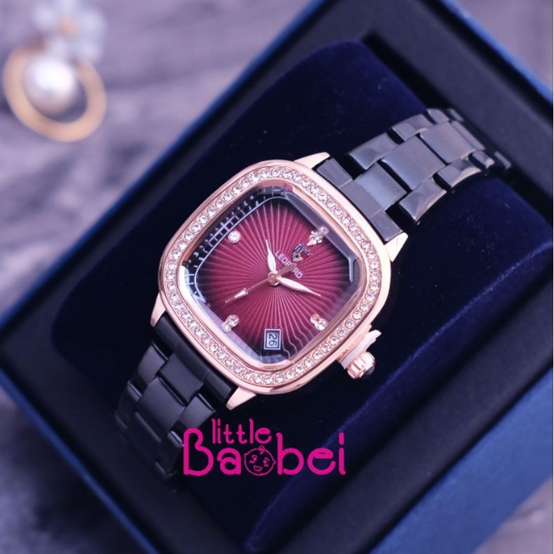 Jam tangan Wanita Fashion Original Leopard Model Kotak- Hitam Maroon