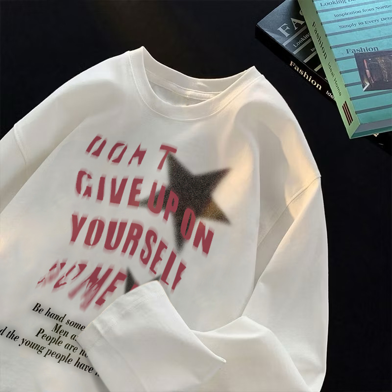 Kaos Lengan Panjang Wanita  | Pola teks pentagram | Kaos Lengan Panjang | 100% Cotton