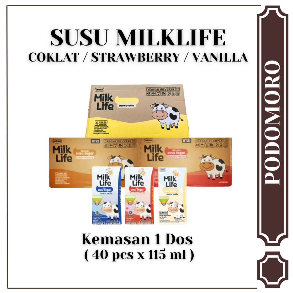 

Milk Life Susu UHT rasa Coklat / Strawberry / Vanilla ukuran 115 ml ( 1 dos isi 40 pcs )