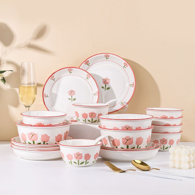 ASHOME Piring Keramik Makan Pink tulip series tahan panas dan microwave elegant mewah/ Piring Makan 