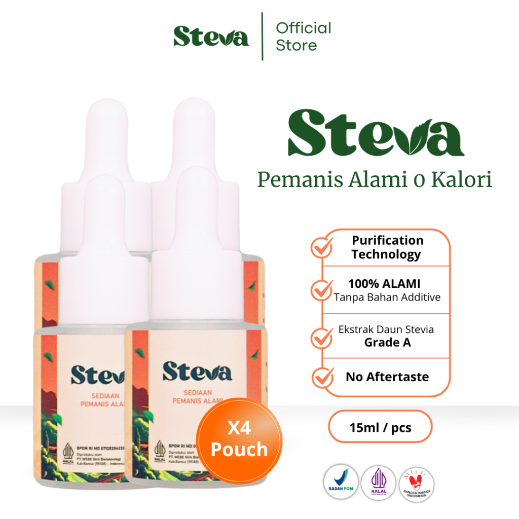 

STEVA Gula Stevia Asli 0 Kalori BPOM & Halal MUI - 15 mL Isi 4 Pcs