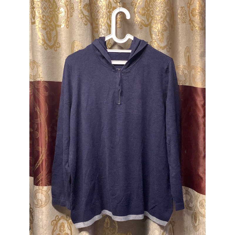 preloved sweater hoodie / baju knit wanita half zipper navy bahan kutub premium model belah samping