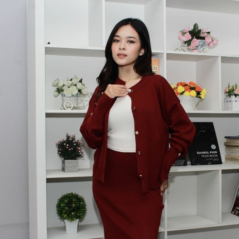 One Set Aira Cardigan & Rok Rajut Tebal Wanita Premium-Stelan Wanita Terbaru