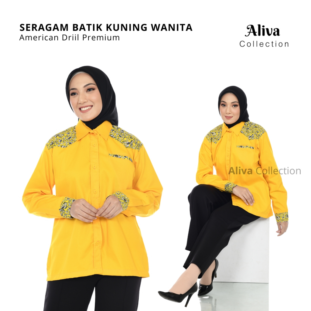 Seragam Batik Wanita Terbaru / Baju Batik Tangan Panjang / Seragam Restoran / Seragam Batik Kuning