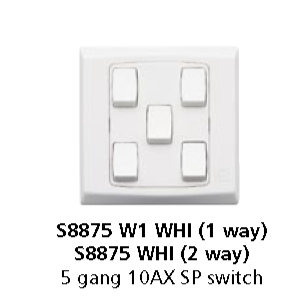 MK S8875 W1 Whi (1 Way) | Saklar 5 Mata | 5 Gang 10AX SP Switch | Slimline Plus Standard Rocker Swit