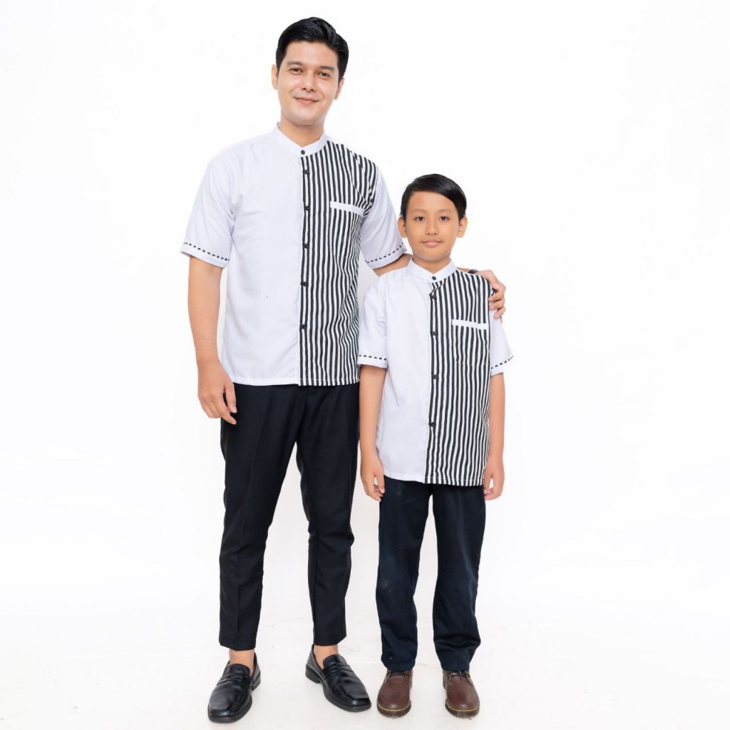Baju Koko Couple Ayah Dan Anak Lengan Pendek Bahan Katun Motif Garis Size M L XL