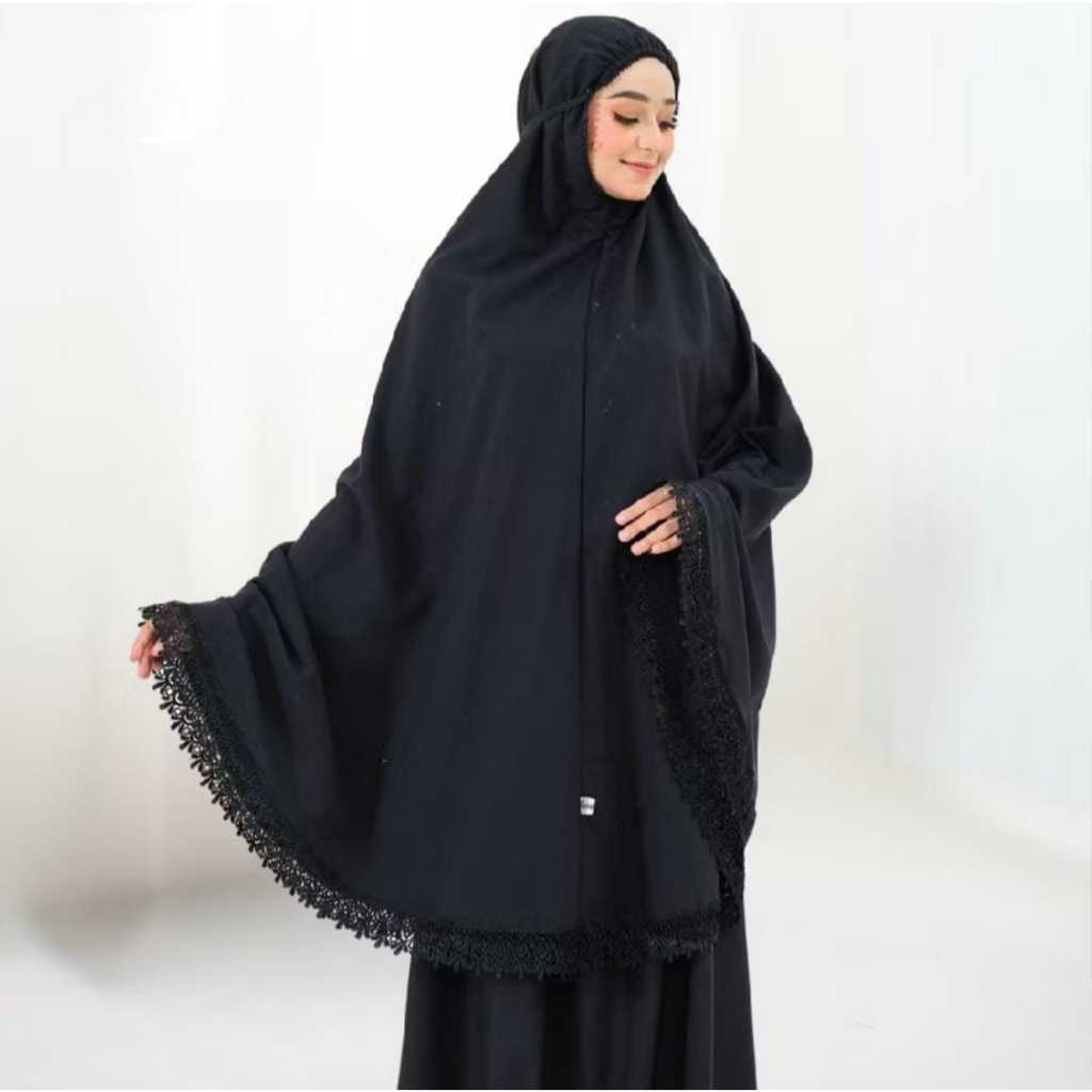 Mukena Hitam Renda Polos Katun Premium FREE TAS / Mukena Dewasa Travel - A354