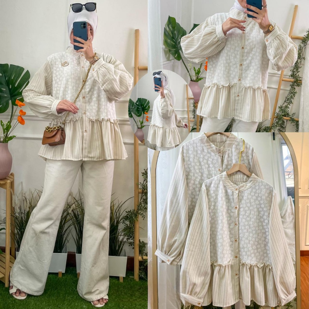 LINEN BLOUSE / Zilkalabel Kemeja Wanita Bahan Rami Versace Bulu Kuda Cream Krem Renda Bunga / Blus T