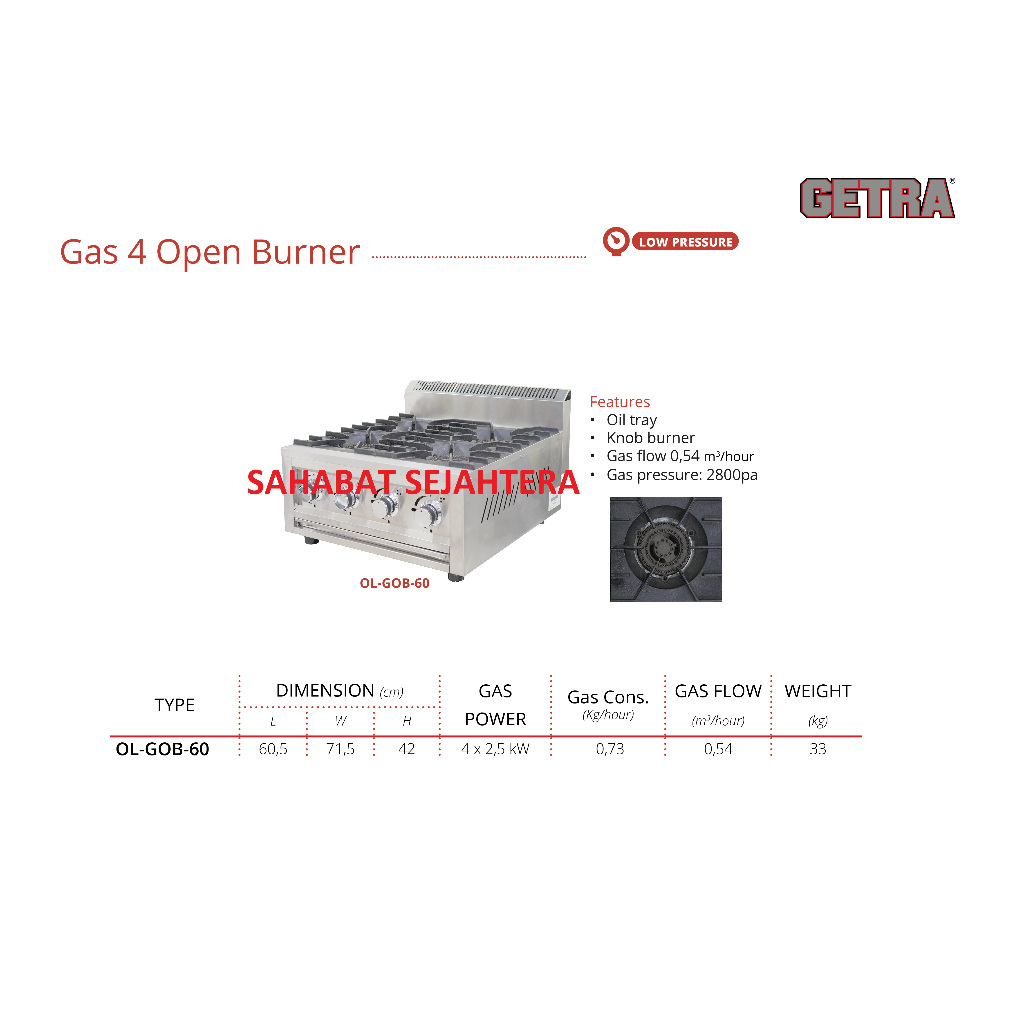 GETRA Gas Open 4 Burner OL-GOB-60 Kompor Gas 4 Burner