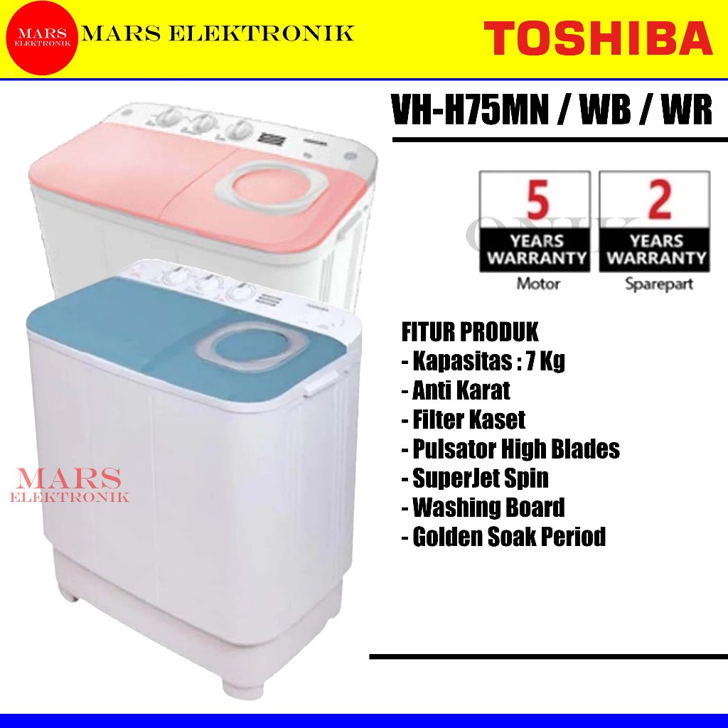 MESIN CUCI TOSHIBA VH-H75MN / WB / WR -  7,5 KG  - 2 TABUNG TWIN TUB -  MESIN CUCI TOSHIBA VH H 75 M