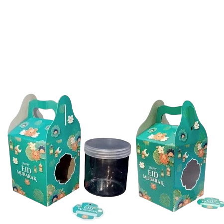 

( 5 pcs ) gable box jendela mika kemasan 1 toples tabung 600ml dus tenteng motif eid mubarak tosca bahan duplex ukuran 10x10x12 cm