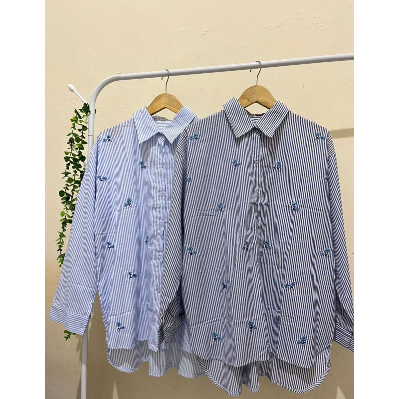 Kemeja Salur Motif Bordir / Kemeja Salur Wanita