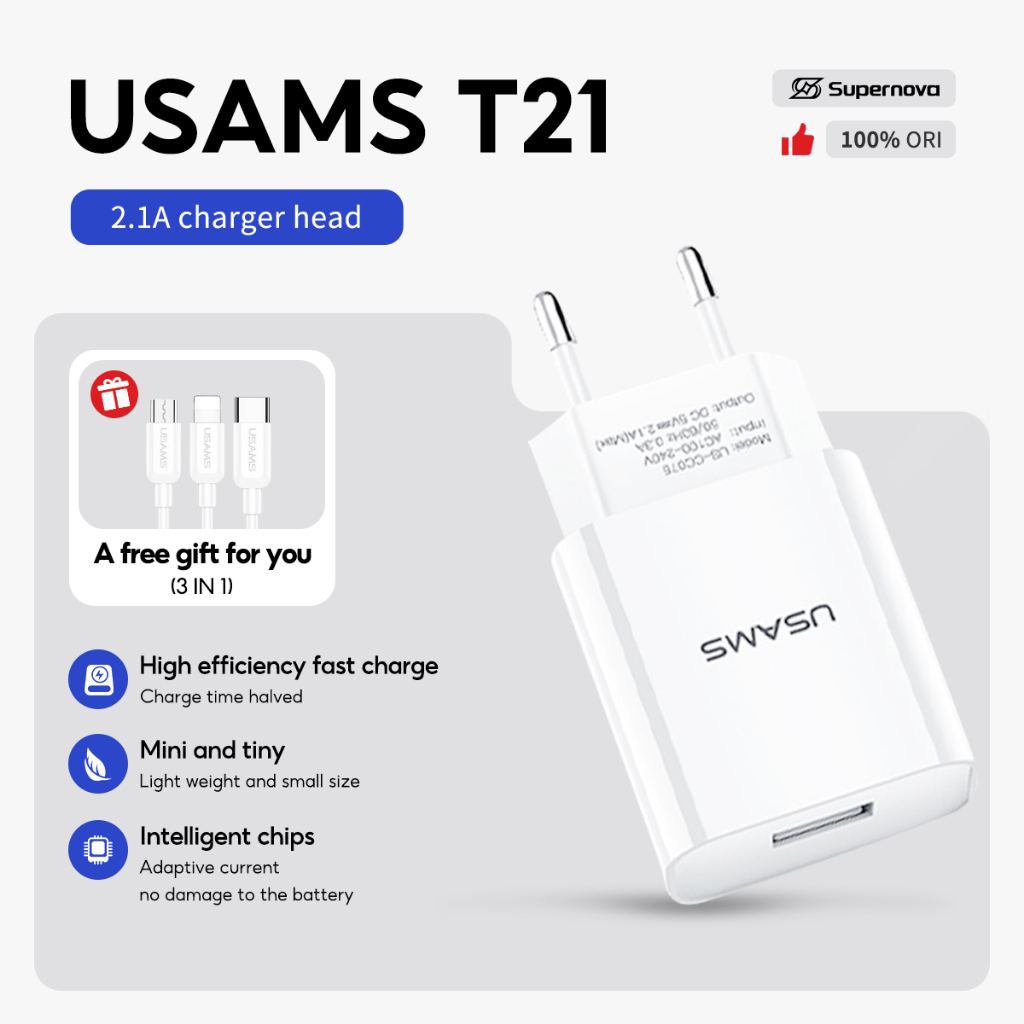 Supernova x USAMS T21 3in1 Kepala Charger kabel charger Micro/ Lightning/ Type-C fast charging