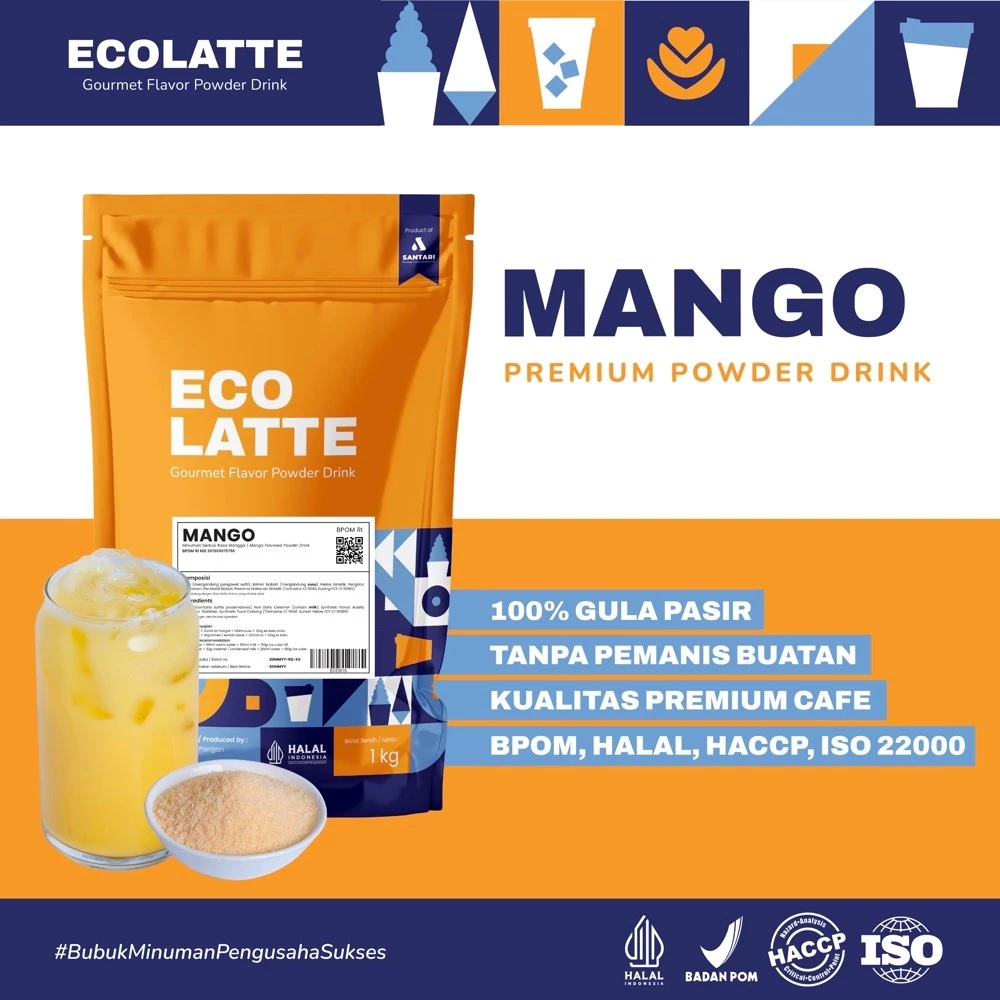 

ECOLATTE MANGO 1 KG Premium Powder Drink Bubuk Minuman Enak Halal Bpom Rasa Mangga