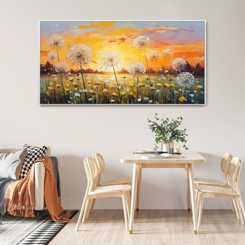 Lukisan dinding minimalis senja bunga dandelion untuk hiasan dinding rumah minimalis