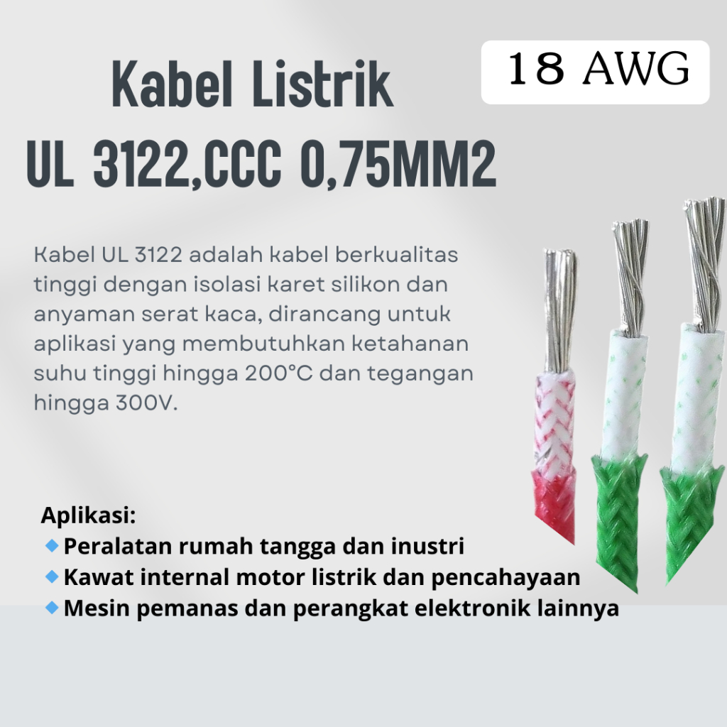 Kabel Listrik UL 3122 CCC 0.75mm² 18 AWG 1 Meter / Kabel Serabut Tembaga Putih tinned copper wire