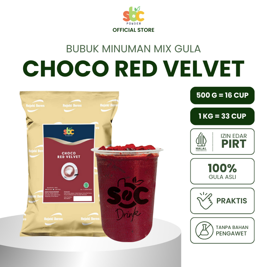 

SBC - Bubuk Minuman SBC Choco Red Velvet 1Kg - Powder Minuman Kue Velvet / Bubuk Bahan Minuman Cokelat Kiloan