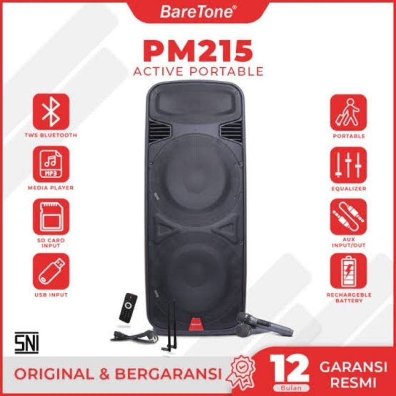 Speaker Portable Baretone PM215 15inch Double 1000Watt USB Bluetooth Baretone PM215 Original
