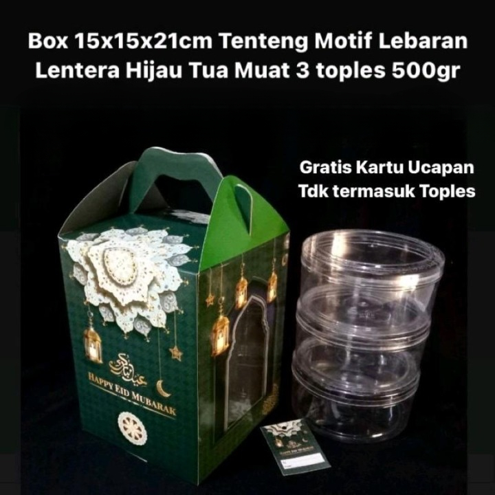

Kardus Hampers Kukis Lebaran Box Tenteng Kue Kering Eid Mubarak Lentera Hijau Tua Muat 3 Toples Bulat 500Gr 15x15x21 cm