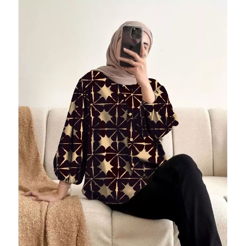 Kemeja Wanita Rayon Motif Lengan Kerut Jumbo Ld 110