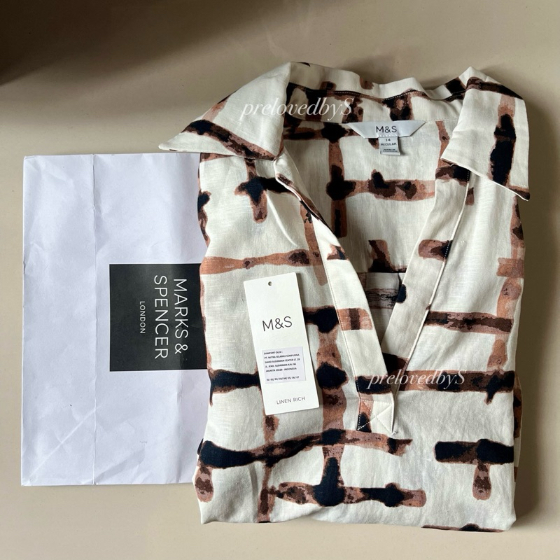 (PRELOVED) Marks & Spencer Linen Blend Printed Shirt (M&S Atasan/Kemeja Wanita Lengan Panjang)