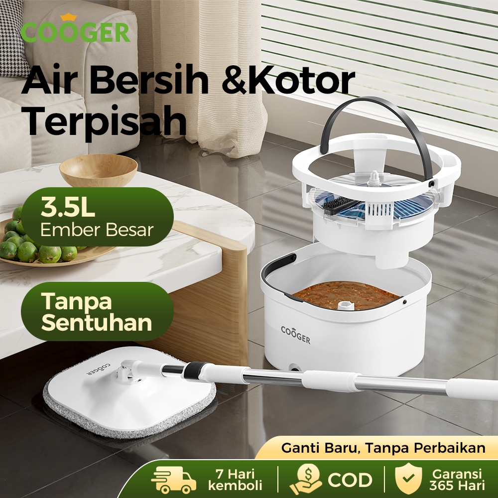 COOGER Pel Lantai Kain Pel Praktis - Spin Mop 360° Dengan Ember Terpisah 3.5L, Pel Putar Otomatis Pa