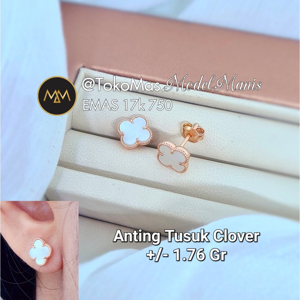 Anting Tusuk italy AU giwang Van Cleef Hitam putih pink emas rosegold 750 kadar 18k