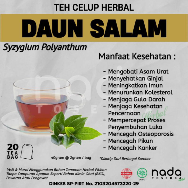 

Teh Celup Herbal DAUN SALAM Isi 20 Tea Bag | Rematik & Asam Urat | Syzygium Polyanthum