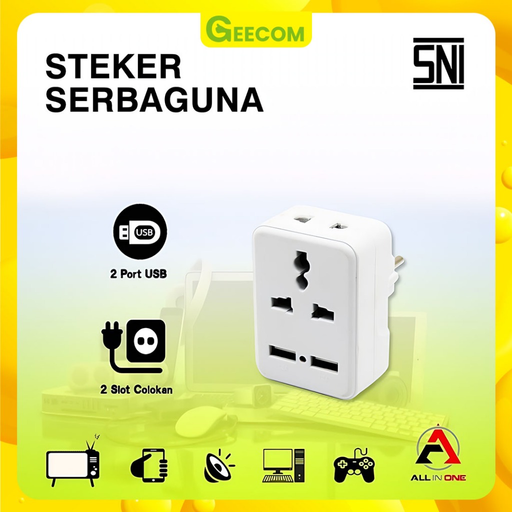 Steker T Serbaguna 2 Lubang + 2 Port USB / Steker Usb