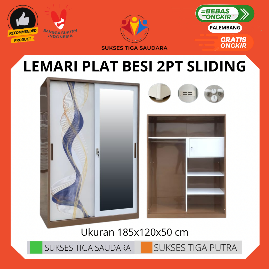LEMARI PAKAIAN PLAT BESI 2 PINTU JUMBO SLIDING CERMIN BRANKAS