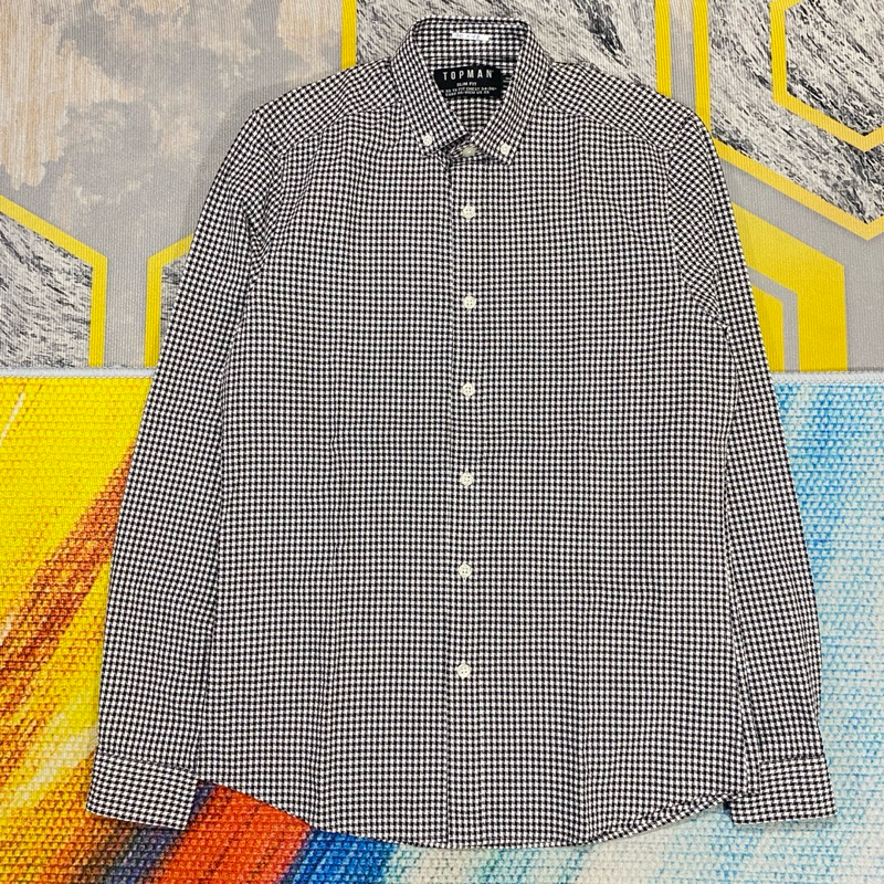 Kemeja Second Topman Size S Lengan Panjang Kotak-Kotak Hitam Putih