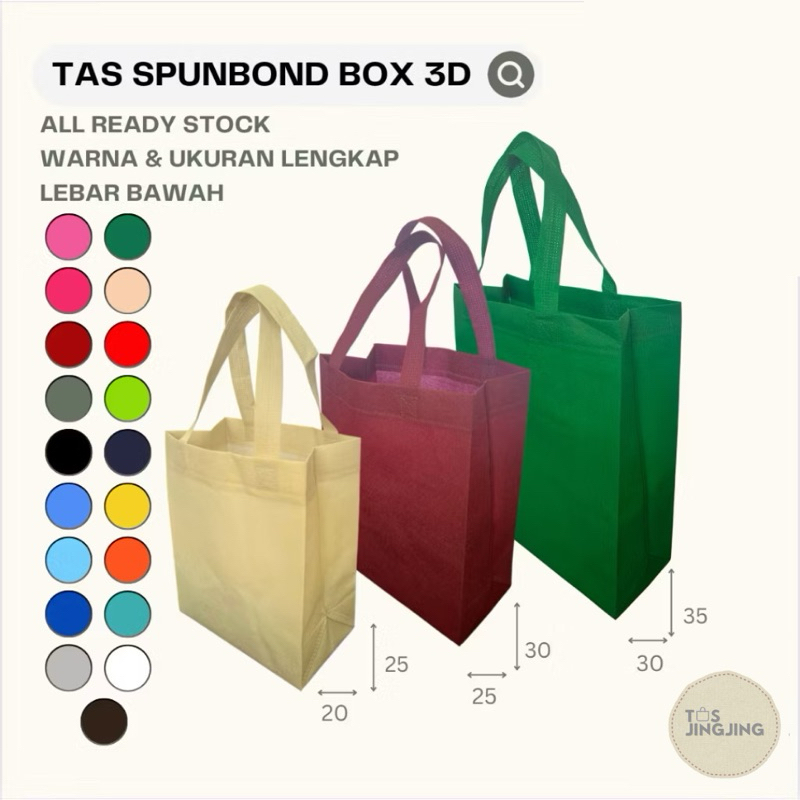 

Tas Spunbond Handle Box Lebar Bawah Ukuran 20x25 25x30 30x35 Goodie Bag Tote Bag Warna Suvenir